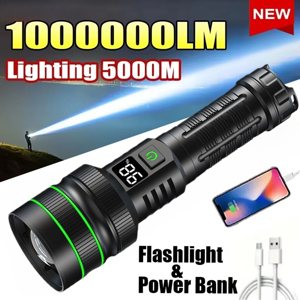 Outdoor Powerbank - Lampe de poche LED puissante, zoomable,